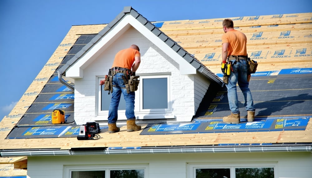 Professional home improvement team working on a roof and windows