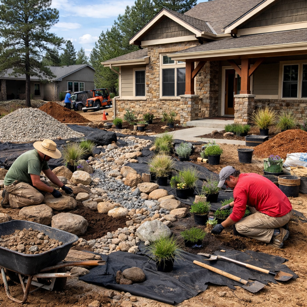 photographic xeriscaping work being done on a house in colorado